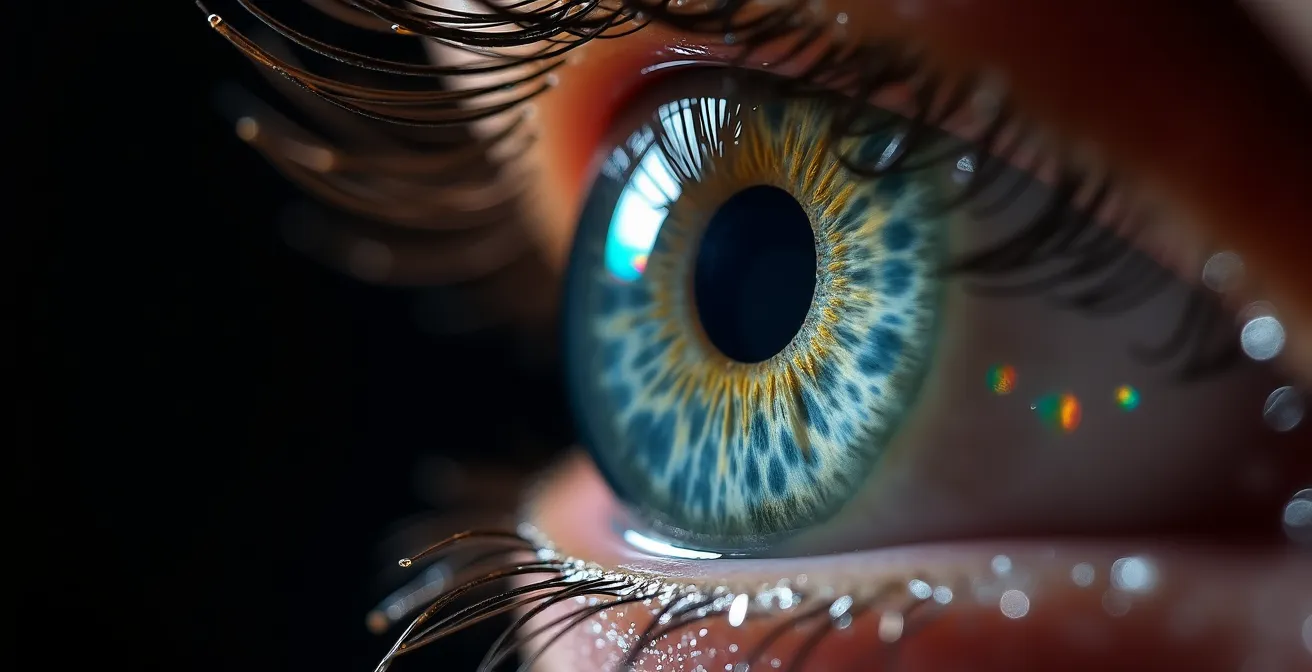 Vue macro du film lacrymal sur la surface de l'œil