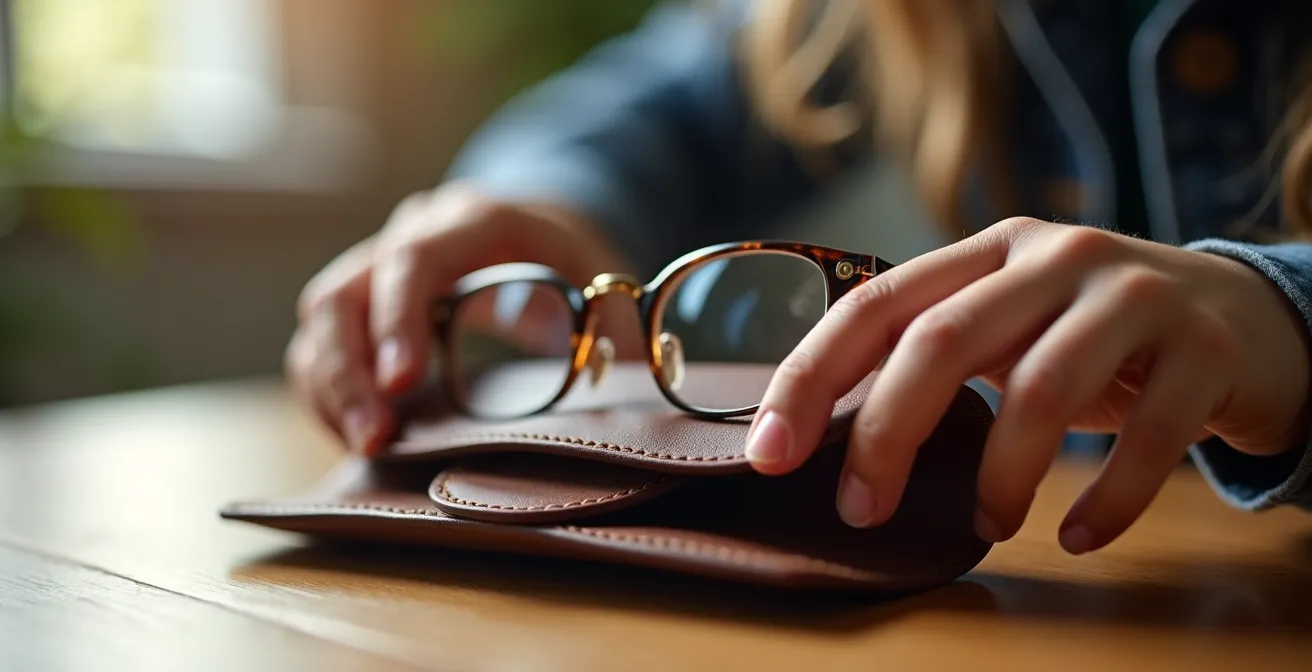 Mains d'enfant manipulant délicatement un étui à lunettes avec soin et précision