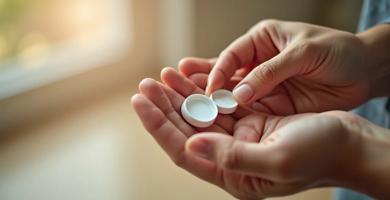 Mains tenant un étui à lentilles dans un geste de réflexion