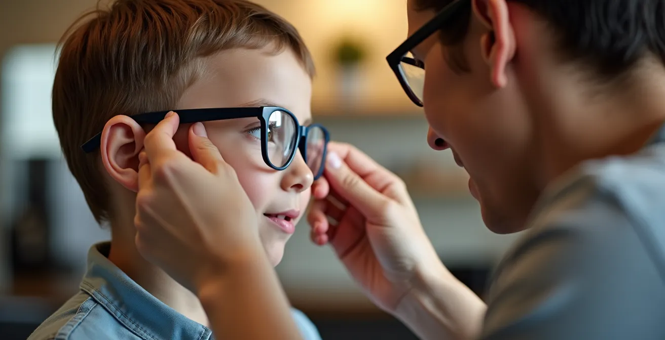 Vue de profil d'un enfant pendant l'ajustement de ses lunettes chez l'opticien