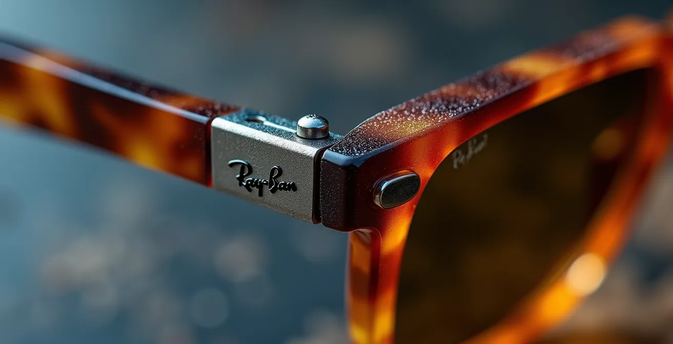 Vue macro d'une charnière en titane de lunettes Ray-Ban montrant la qualité de fabrication