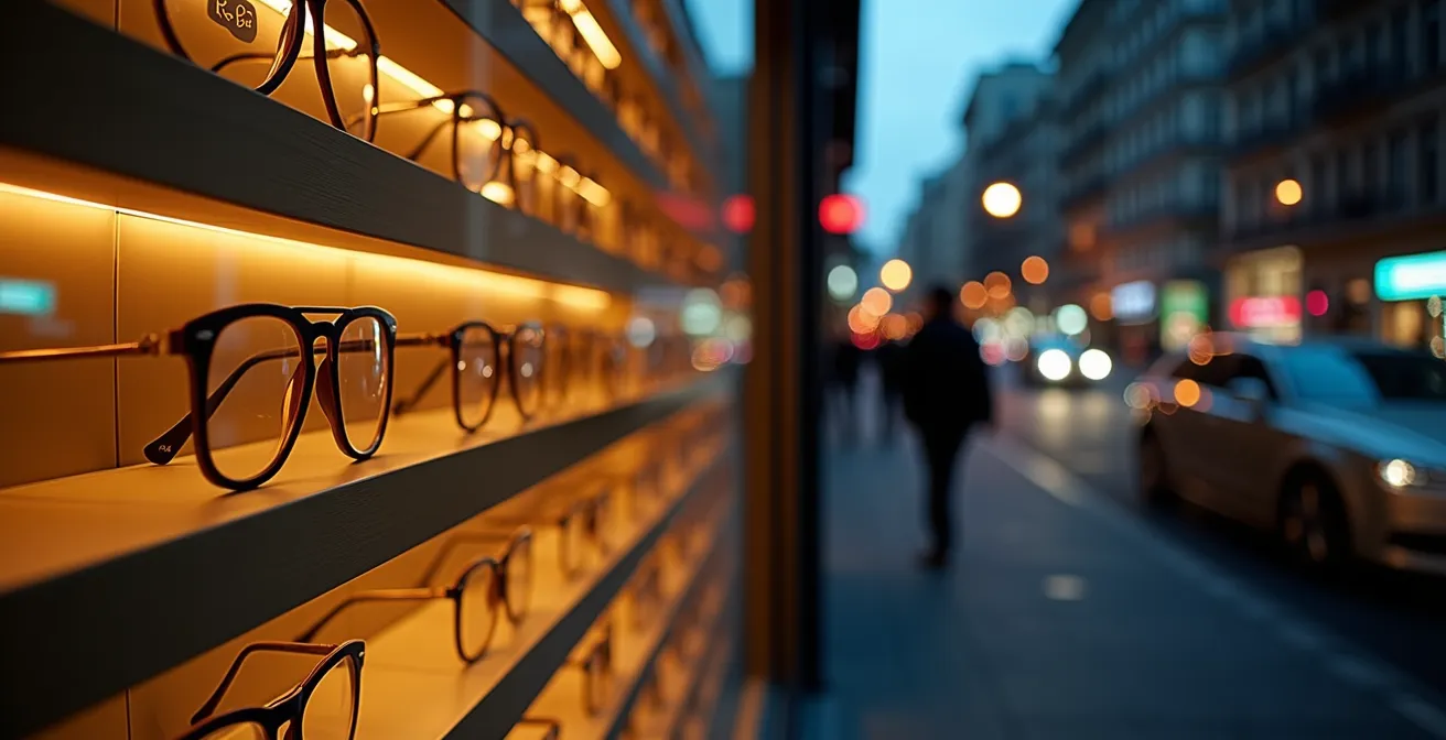Vitrine de boutique Ray-Ban avec jeu de lumières dorées sur les montures exposées